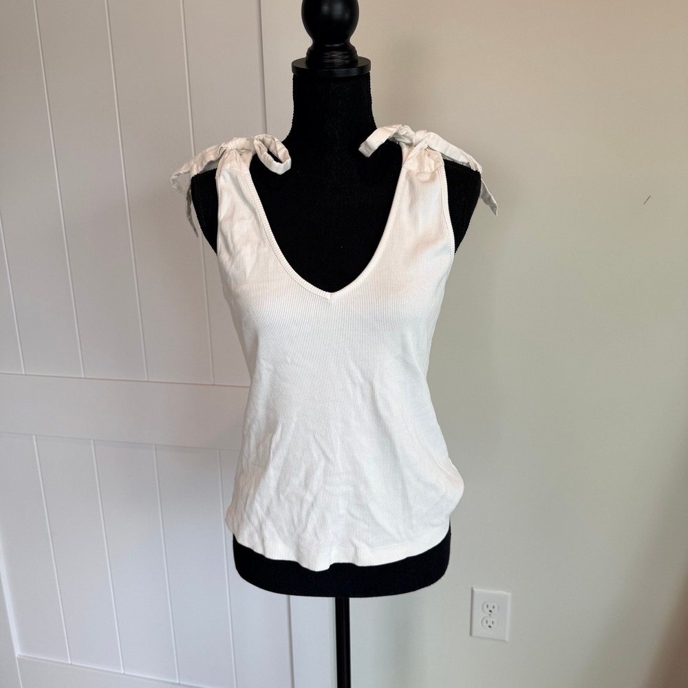 Maeve Anthropologie‎ White Ribbed Tie Shoulder V Neck Tank Top Size M